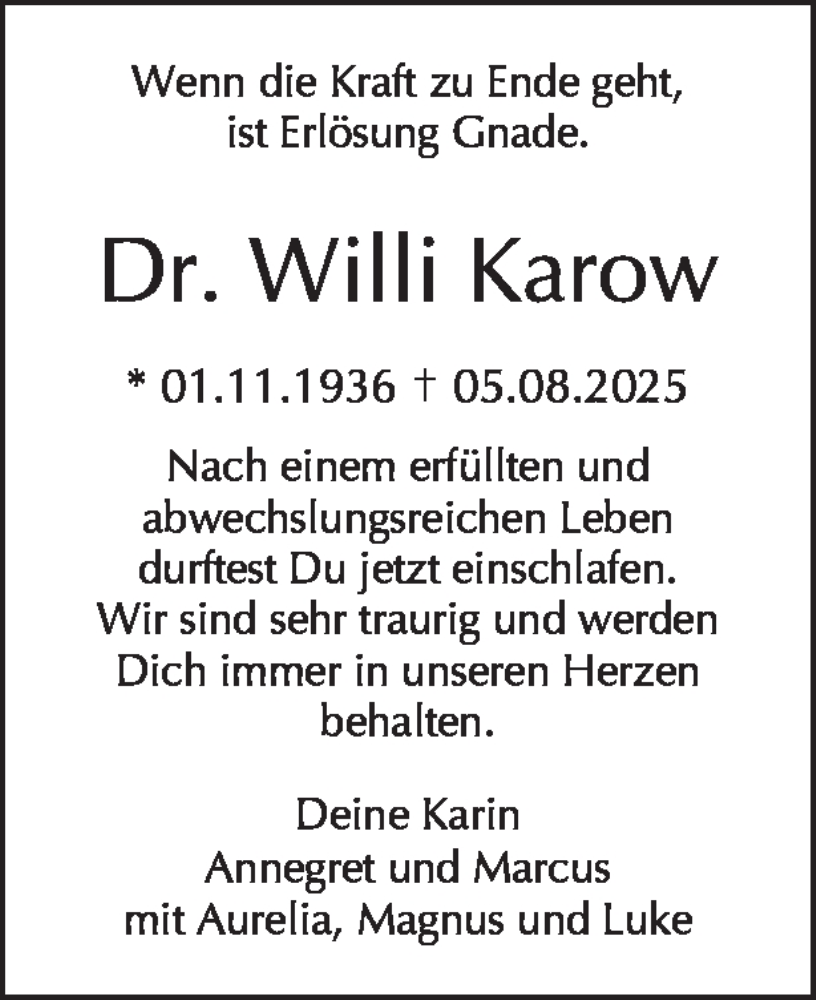  Traueranzeige für Willi Karow vom 23.08.2025 aus Tagesspiegel
