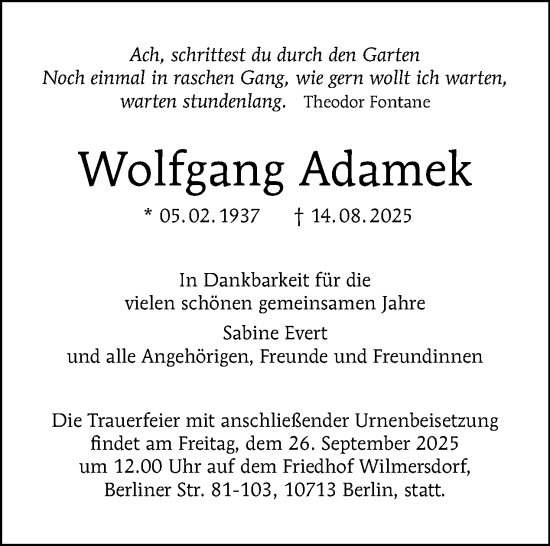 Traueranzeige von Wolfgang Adamek von Tagesspiegel
