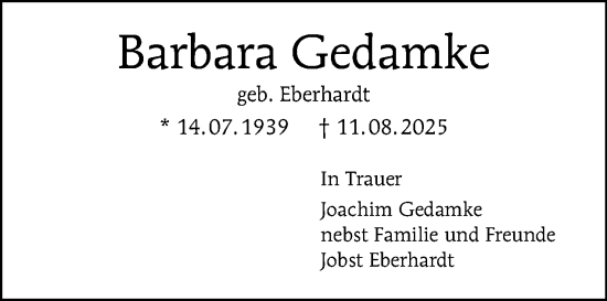 Traueranzeige von Barbara Gedamke von Tagesspiegel