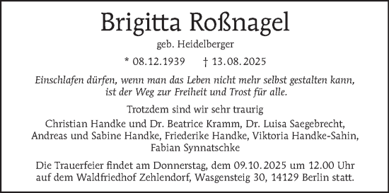 Traueranzeige von Brigitta Roßnagel von Tagesspiegel