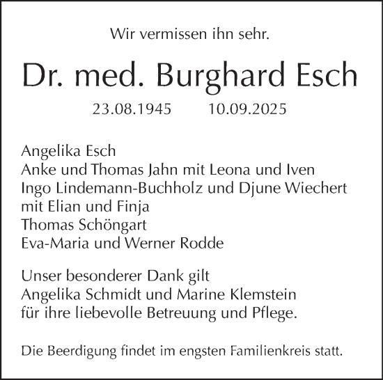 Traueranzeige von Burghard Esch von Tagesspiegel