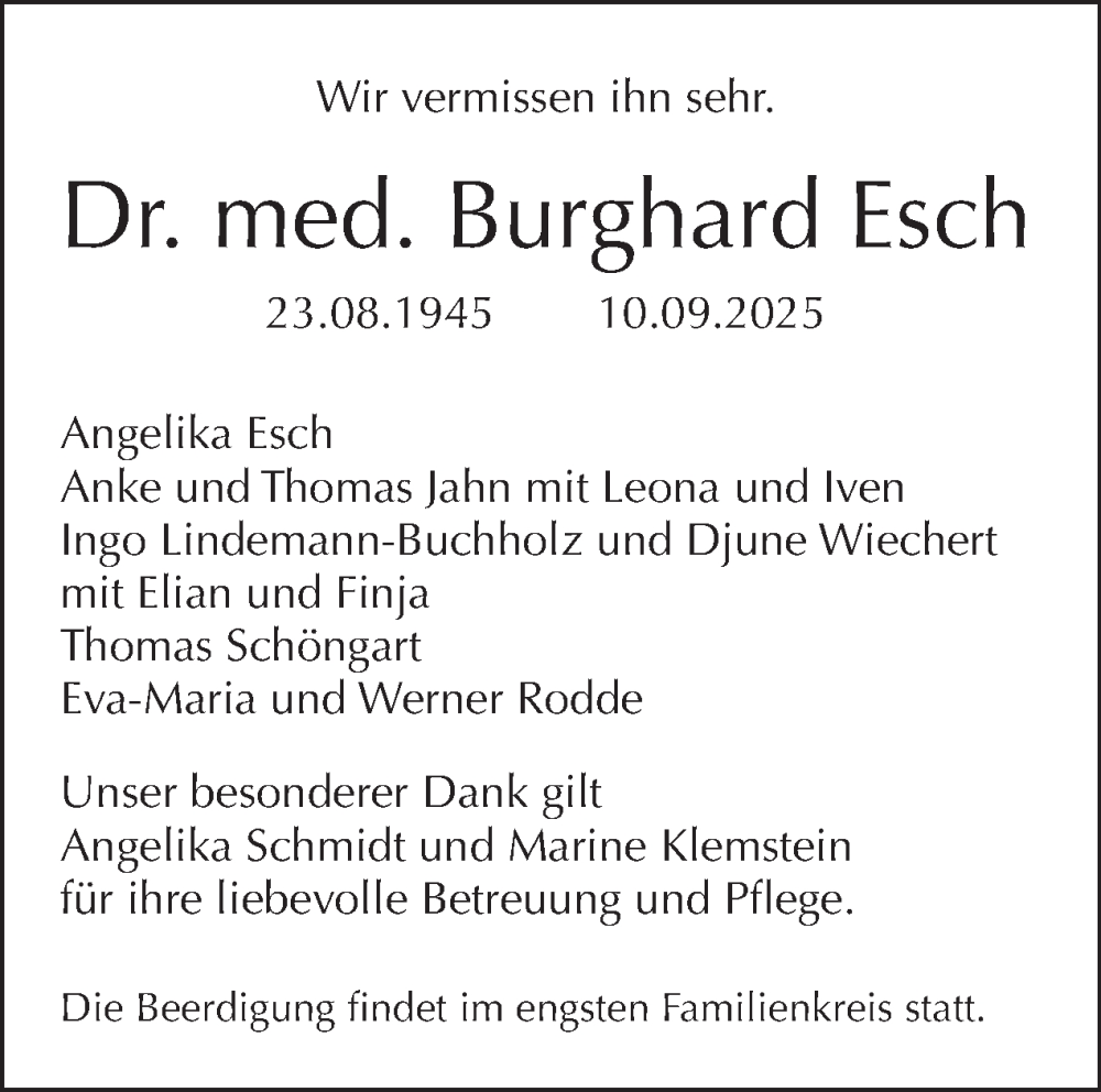  Traueranzeige für Burghard Esch vom 27.09.2025 aus Tagesspiegel