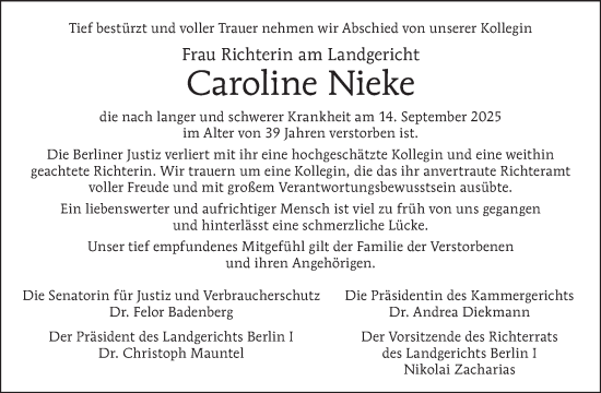 Traueranzeige von Caroline Nieke von Tagesspiegel