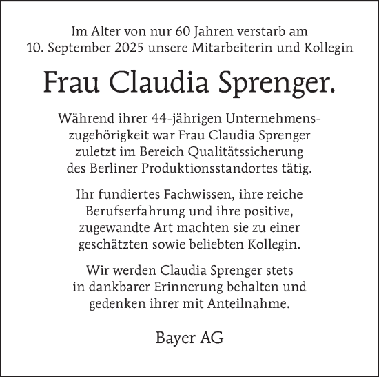 Traueranzeige von Claudia Sprenger von Tagesspiegel
