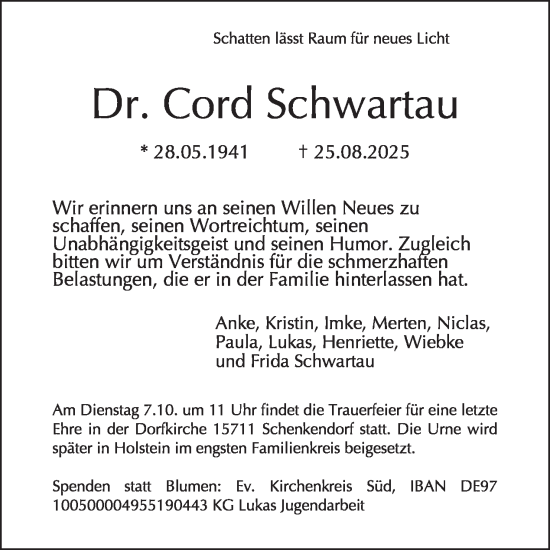 Traueranzeige von Cord Schwartau von Tagesspiegel