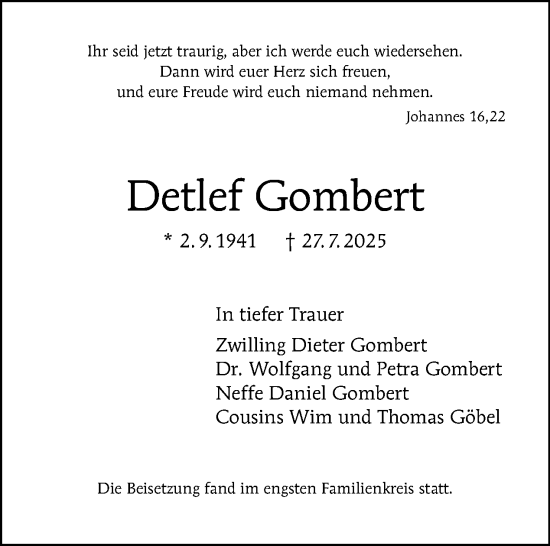 Traueranzeige von Detlef Gombert von Tagesspiegel