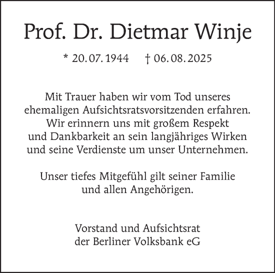 Traueranzeige von Dietmar Winje von Tagesspiegel