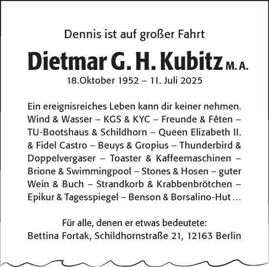 Traueranzeige von Dietmar G. H. Kubitz von Tagesspiegel