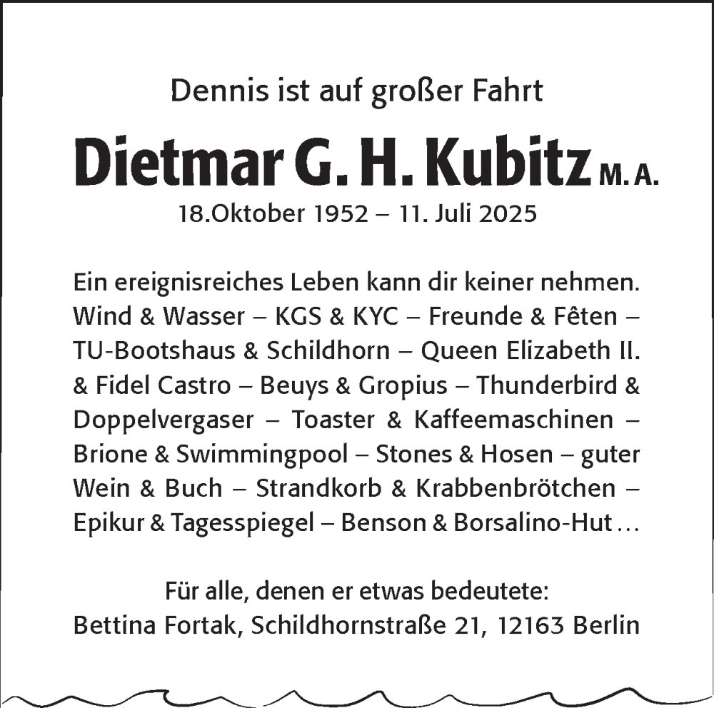  Traueranzeige für Dietmar G. H. Kubitz vom 13.09.2025 aus Tagesspiegel