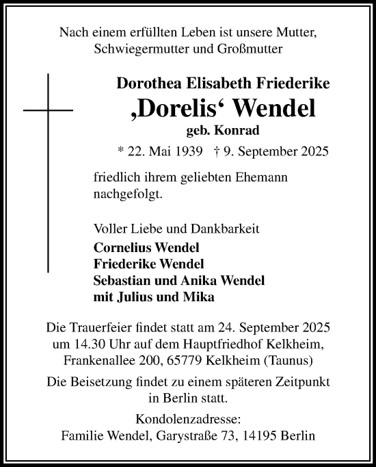 Traueranzeige von Dorothea Elisabeth Friederike Wendel von Tagesspiegel