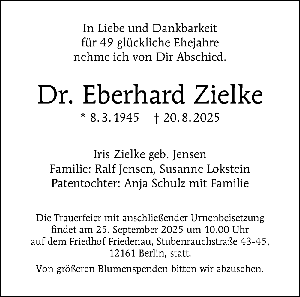  Traueranzeige für Eberhard Zielke vom 13.09.2025 aus Tagesspiegel