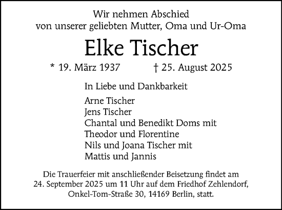 Traueranzeige von Elke Tischer von Tagesspiegel