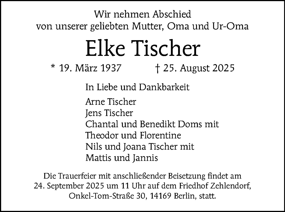  Traueranzeige für Elke Tischer vom 06.09.2025 aus Tagesspiegel