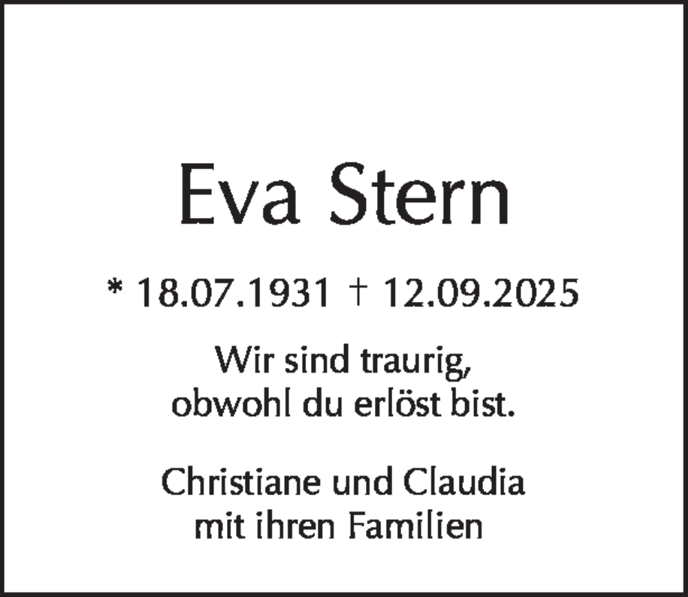  Traueranzeige für Eva Stern vom 27.09.2025 aus Tagesspiegel