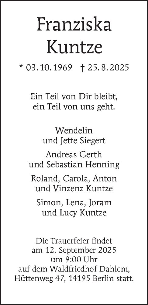 Traueranzeige von Franziska Kuntze von Tagesspiegel