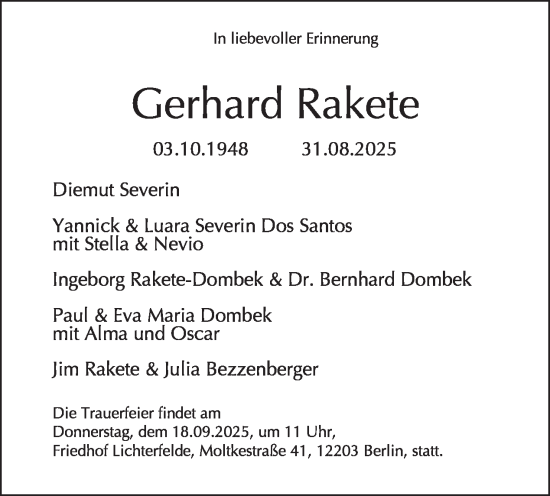 Traueranzeige von Gerhard Rakete von Tagesspiegel