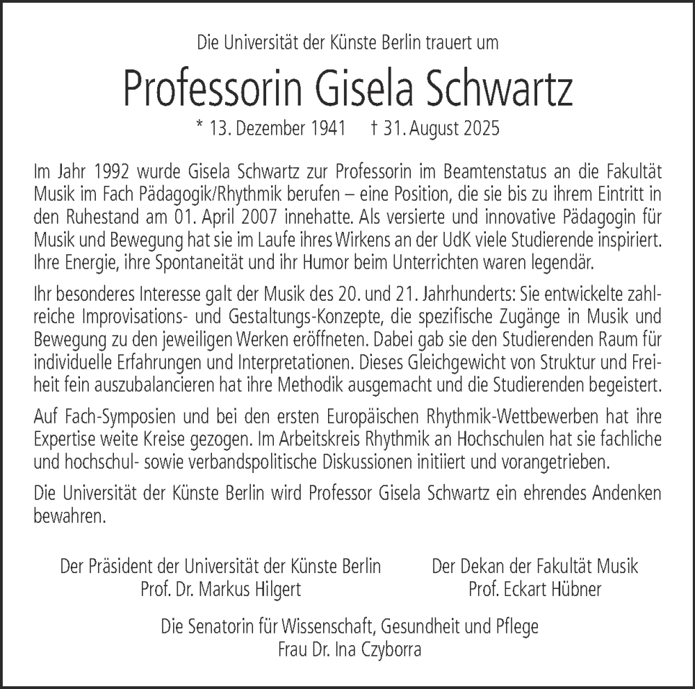  Traueranzeige für Gisela Schwartz vom 13.09.2025 aus Tagesspiegel