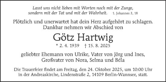 Traueranzeige von Götz Hartwig von Tagesspiegel