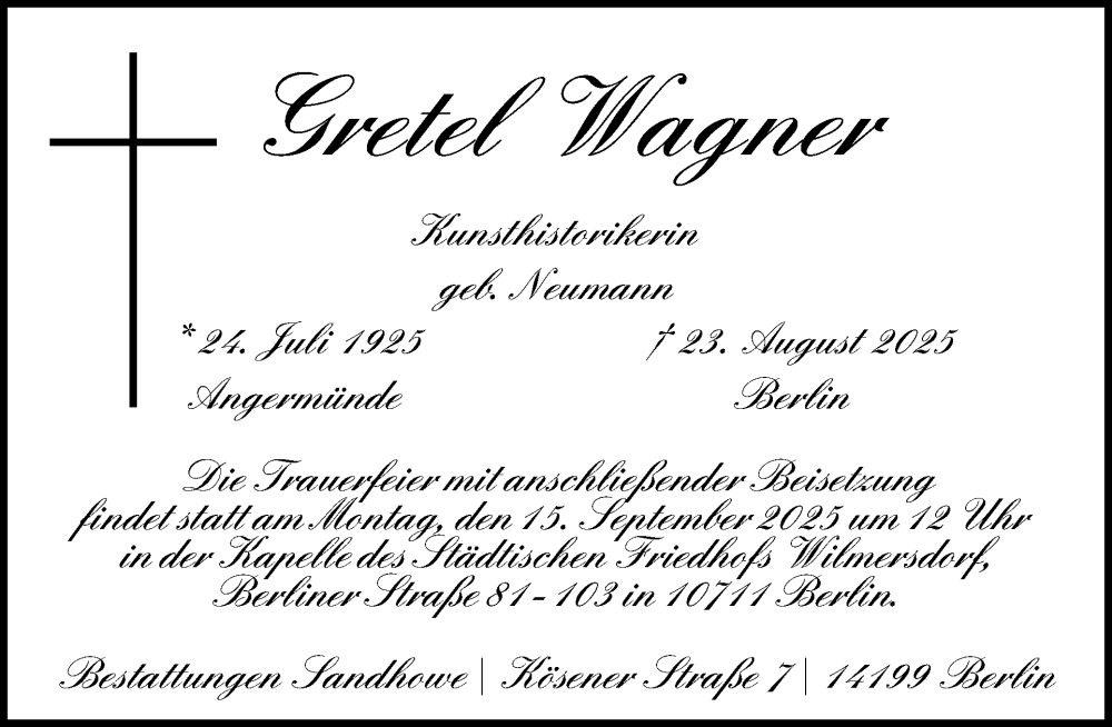  Traueranzeige für Gretel Wagner vom 06.09.2025 aus Tagesspiegel