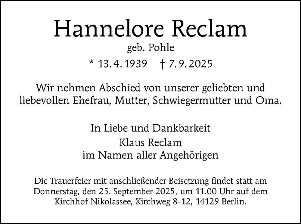 Traueranzeige für Hannelore Reclam vom 20.09.2025 aus Tagesspiegel