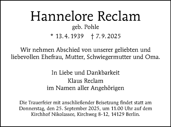 Traueranzeige von Hannelore Reclam von Tagesspiegel