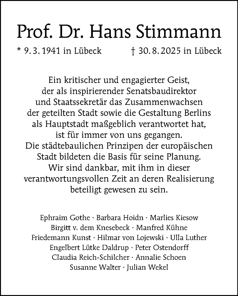  Traueranzeige für Hans Stimmann vom 06.09.2025 aus Tagesspiegel