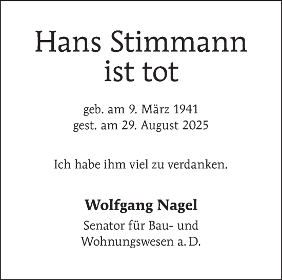 Traueranzeige von Hans Stimmann von Tagesspiegel