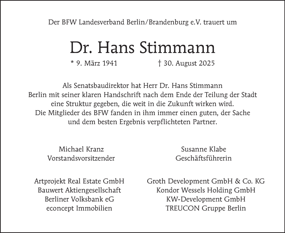  Traueranzeige für Hans Stimmann vom 06.09.2025 aus Tagesspiegel