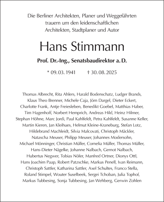 Traueranzeige von Hans Stimmann von Tagesspiegel