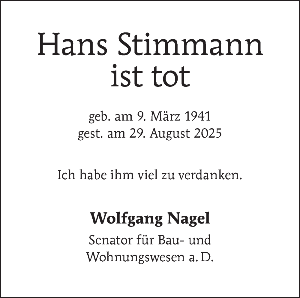  Traueranzeige für Hans Stimmann vom 06.09.2025 aus Tagesspiegel