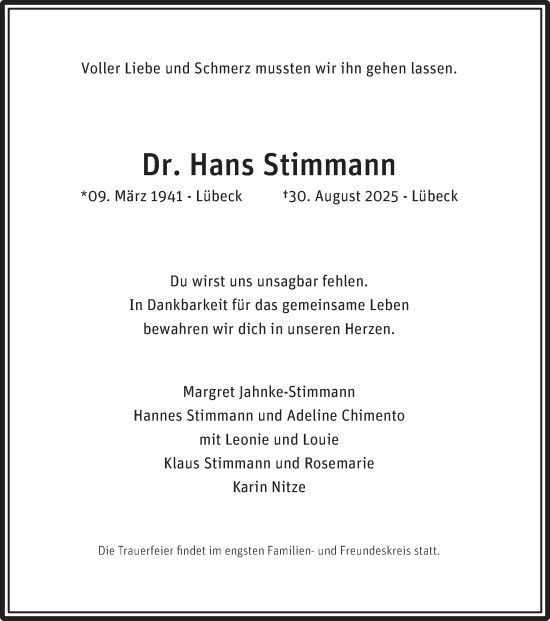 Traueranzeige von Hans Stimmann von Tagesspiegel