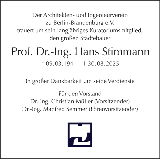 Traueranzeige von Hans Stimmann von Tagesspiegel