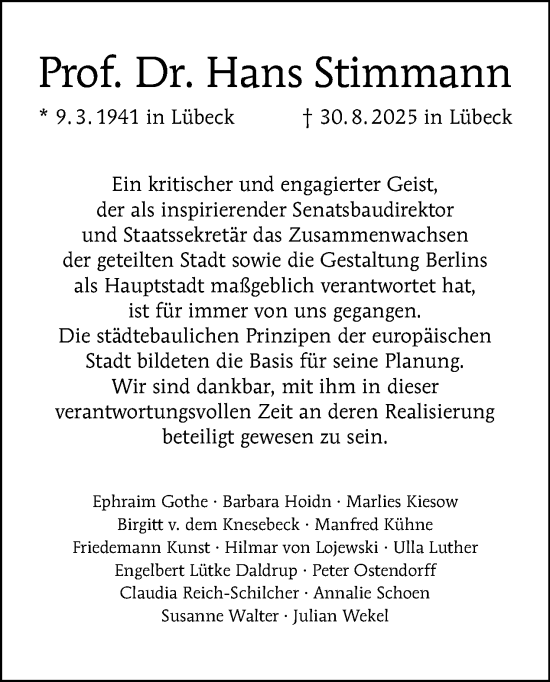 Traueranzeige von Hans Stimmann von Tagesspiegel