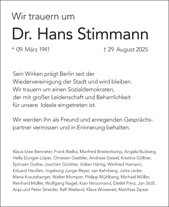 Traueranzeige von Hans Stimmann von Tagesspiegel