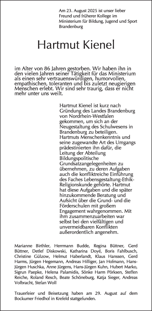 Traueranzeige von Hartmut Kienel von Tagesspiegel