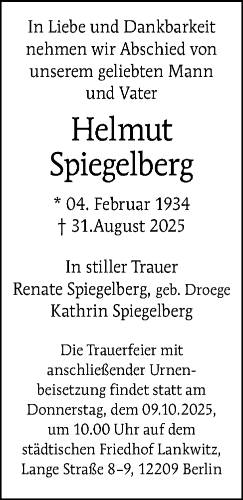 Traueranzeige von Helmut Spiegelberg von Tagesspiegel