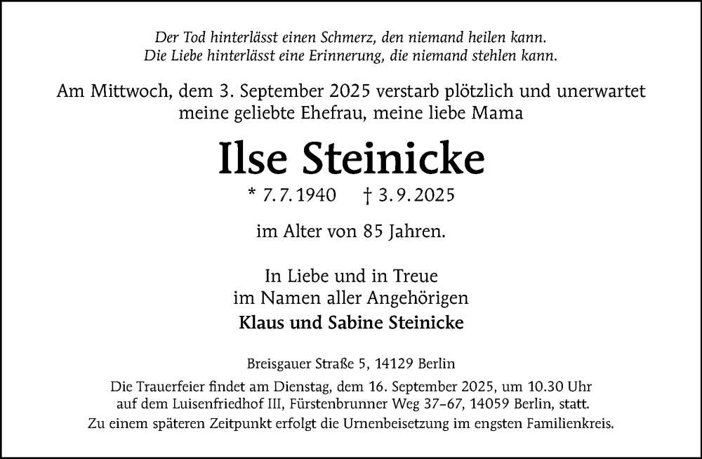  Traueranzeige für Ilse Steinicke vom 13.09.2025 aus Tagesspiegel
