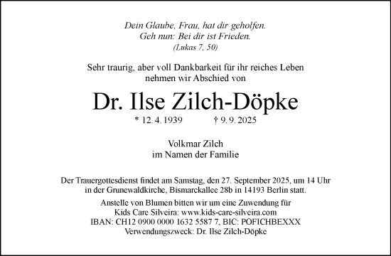 Traueranzeige von Ilse Zilch-Döpke von Tagesspiegel
