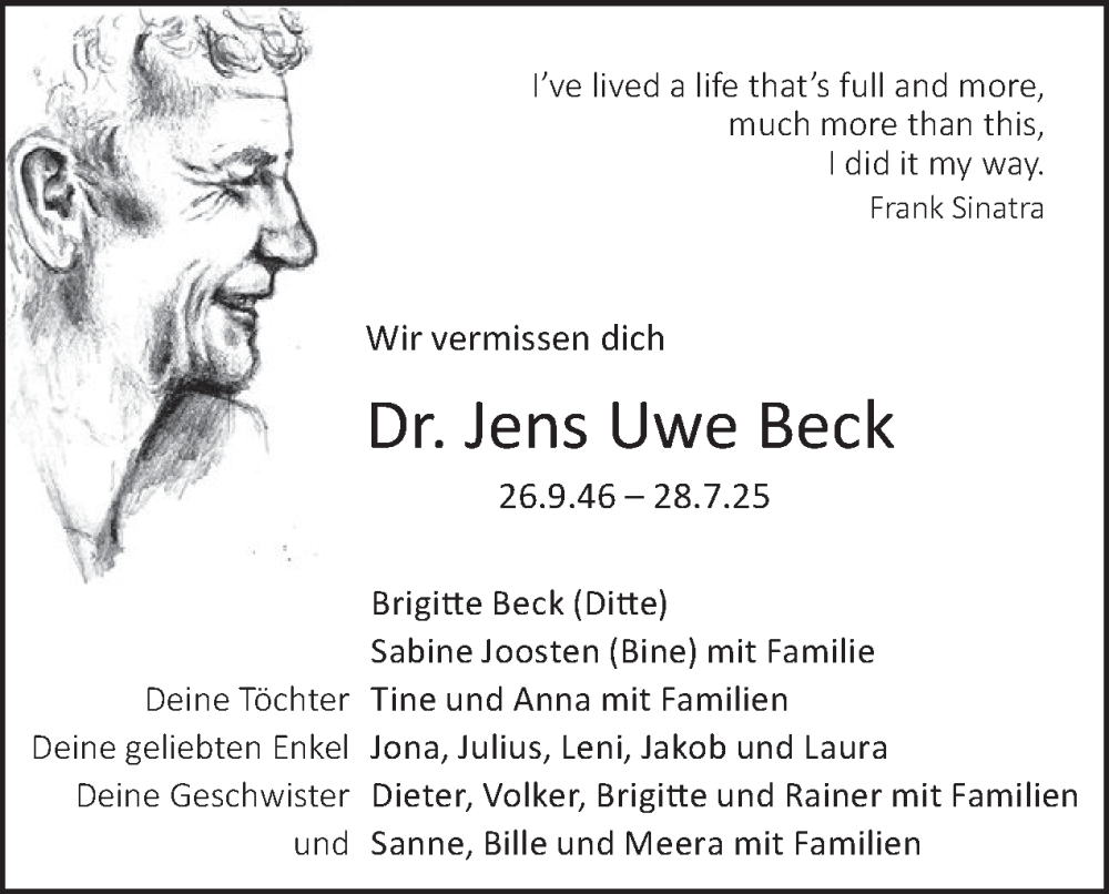  Traueranzeige für Jens Uwe Beck vom 06.09.2025 aus Tagesspiegel