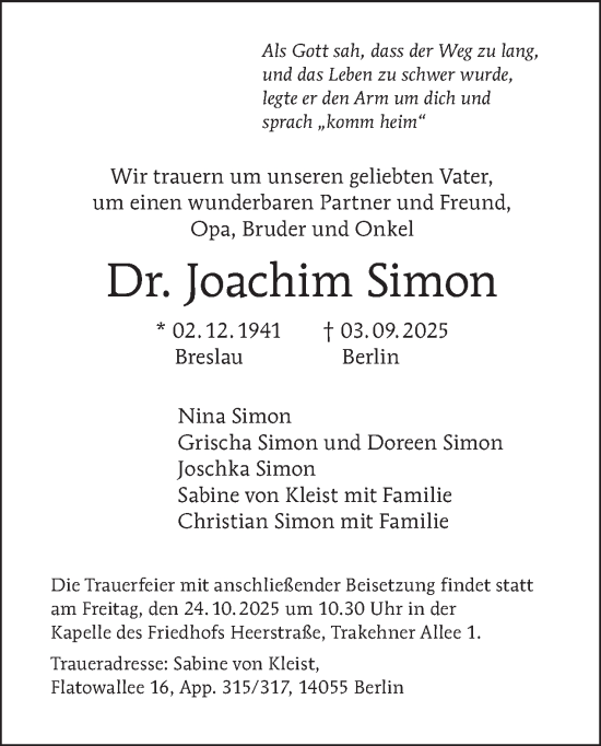 Traueranzeige von Joachim Simon von Tagesspiegel