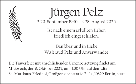 Traueranzeige von Jürgen Pelz von Tagesspiegel