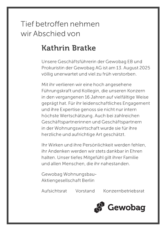 Traueranzeige von Kathrin Bratke von Tagesspiegel