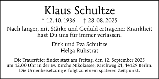 Traueranzeige von Klaus Schultze von Tagesspiegel