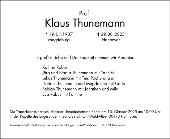 Traueranzeige von Klaus Thunemann von Tagesspiegel