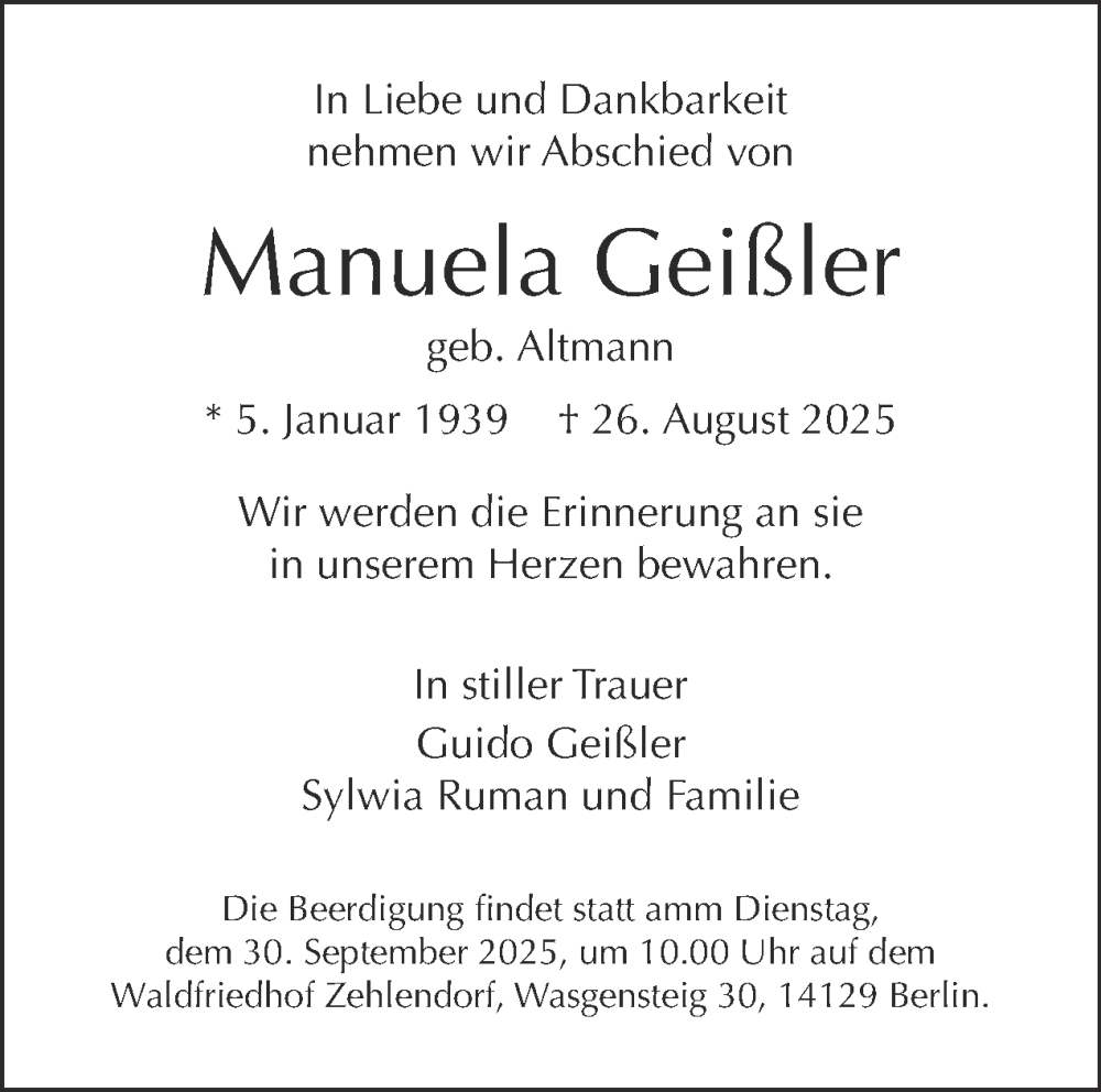  Traueranzeige für Manuela Geißler vom 27.09.2025 aus Tagesspiegel