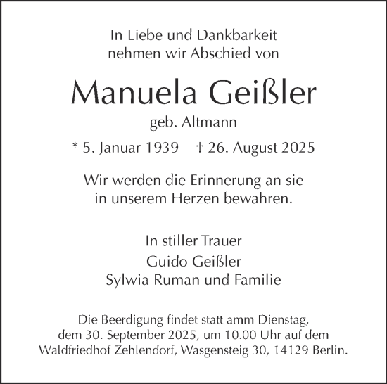 Traueranzeige von Manuela Geißler von Tagesspiegel