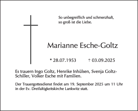 Traueranzeige von Marianne Esche-Goltz von Tagesspiegel