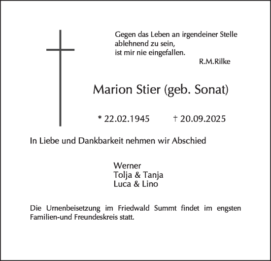 Traueranzeige von Marion Stier von Tagesspiegel