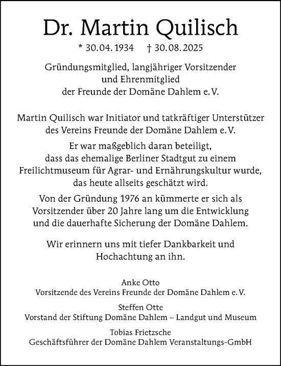 Traueranzeige von Martin Quilisch von Tagesspiegel