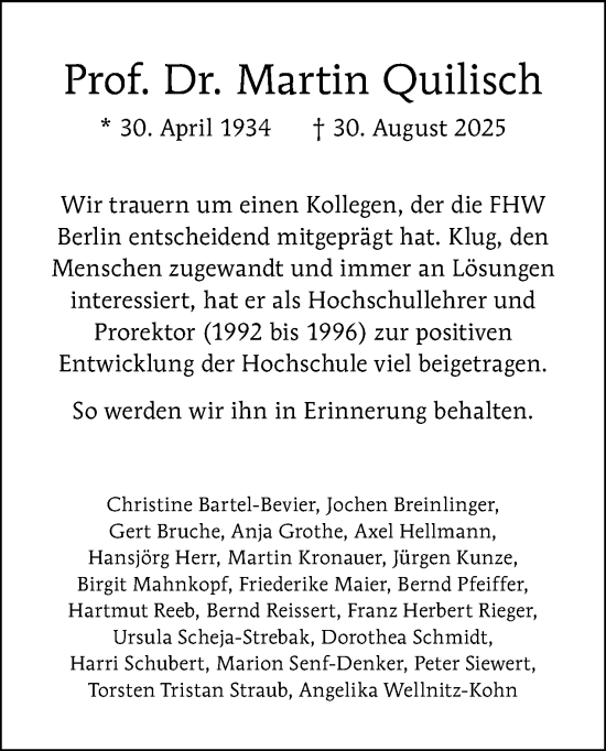Traueranzeige von Martin Quilisch von Tagesspiegel